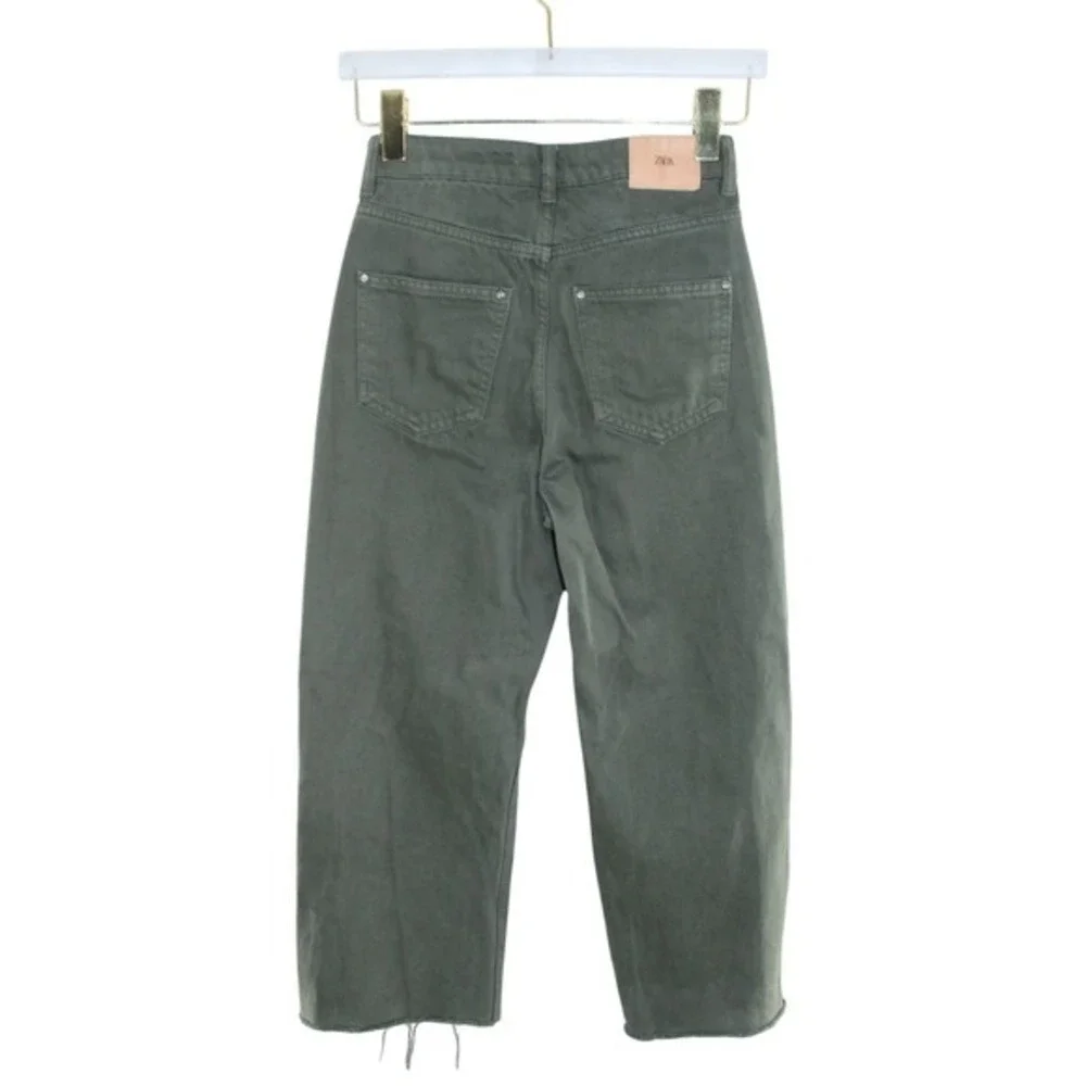 Zara High Waisted Wide Leg Jeans Olive Green Raw Hem Size 2 Cotton Denim‎
